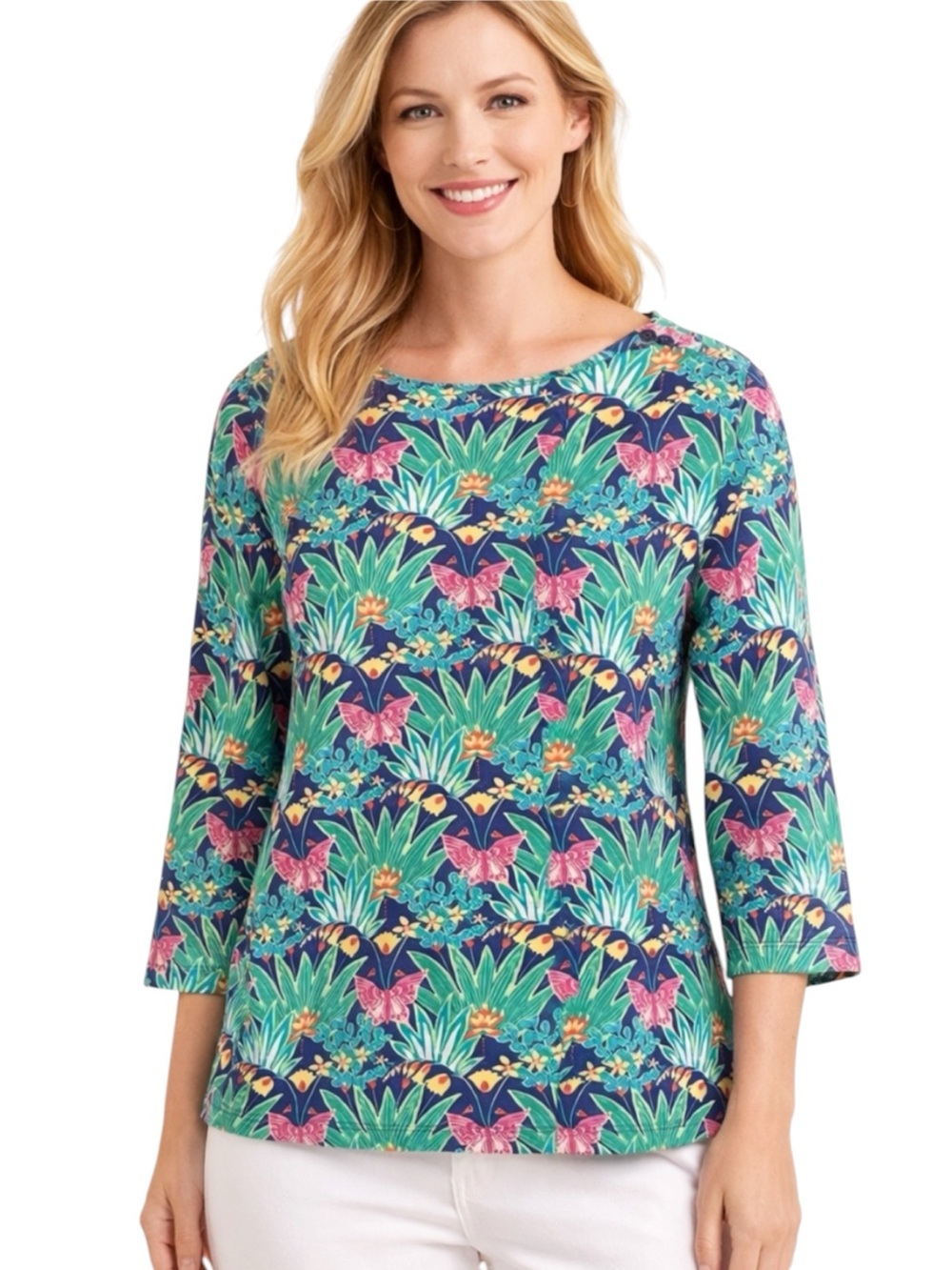 J. McLaughlin Tropical Butterfly Garden Print Top – Vibrant Boho 
J